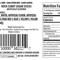A close-up of a candy stick packaging label showing the front and nutrition facts panel for Rock Candy Sugar Sticks in Witches Brew flavor, with a barcode and candy stick count at the top.