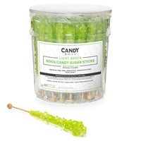 A clear plastic tub of Candy Envy Light Green Rock Candy Sugar Sticks, with a white label and a single green rock candy stick displayed in front on a white background.