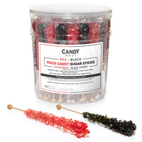 Clear container of red and black rock candy sticks with a label, accompanied by two individual sticks on a white background.