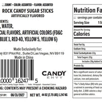 Label of Rock Candy Sugar Sticks with ingredients, nutrition facts, and branding information.