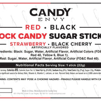 Candy Envy rock candy sugar sticks label with flavor options and nutritional information.