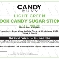 Front label of a pack of Candy Envy Light Green Rock Candy Sugar Sticks, Watermelon flavor, showing product name, ingredients (sugar, water, artificial flavor, artificial colors (fd&c yellow 5, blue), nutritional facts, and handling instructions on a white background with faint watermark text.