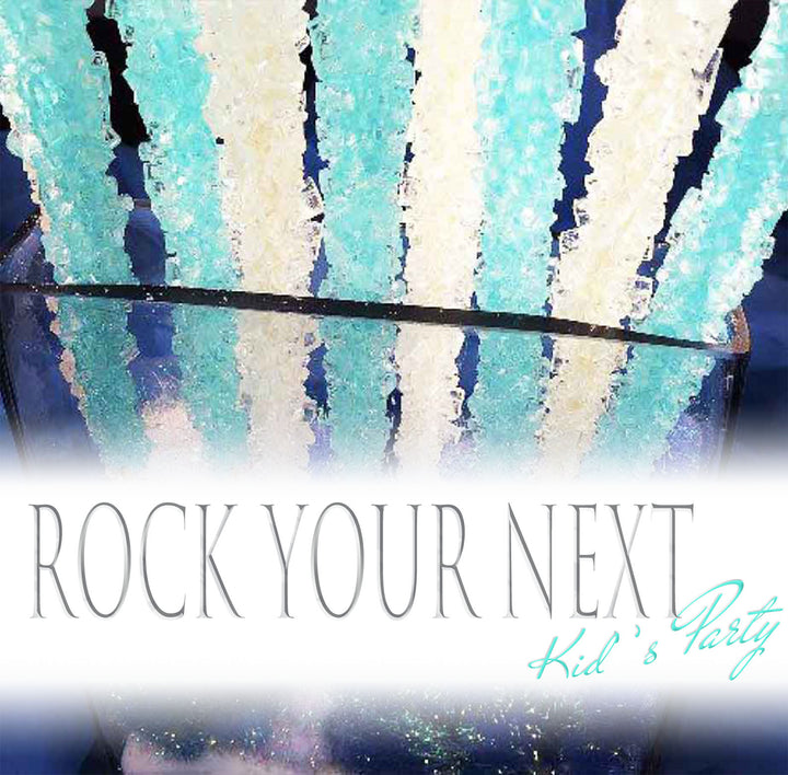 Blue and White Rock Candy with text Rock your next Kids Party