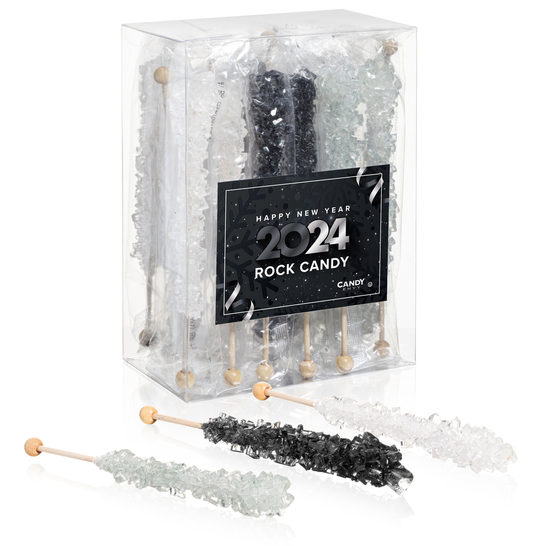 Silver Happy New Year 2024 Rock Candy Crystal Sticks