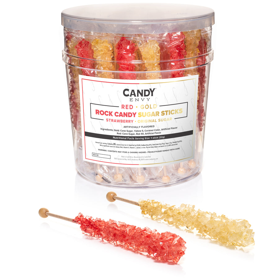 Gold and Red Rock Candy Sugar Sticks - Original Sugar and Strawberry Flavored