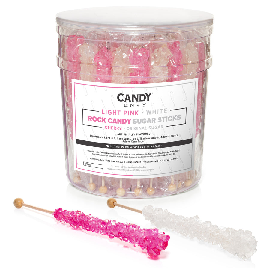 Light Pink and White Rock Candy Sugar Sticks - Cherry and Original Sugar Flavors