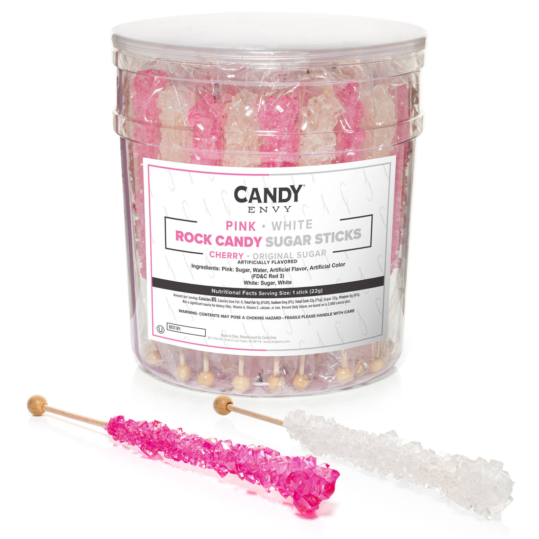 Pink and White Rock Candy Sugar Sticks - Cherry and Original Sugar Flavors