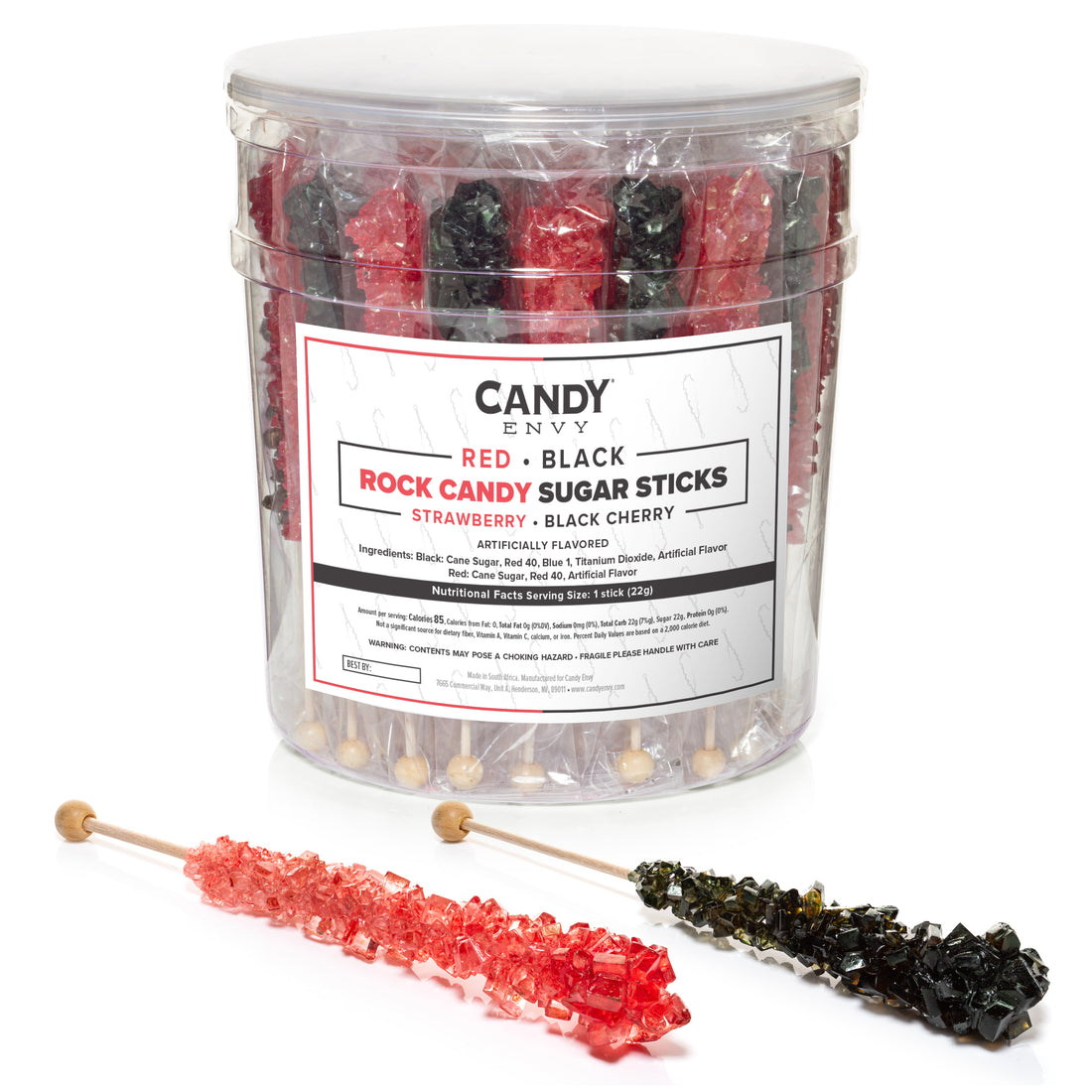 Black and Red Rock Candy Sugar Sticks - Black Cherry and Strawberry Flavored