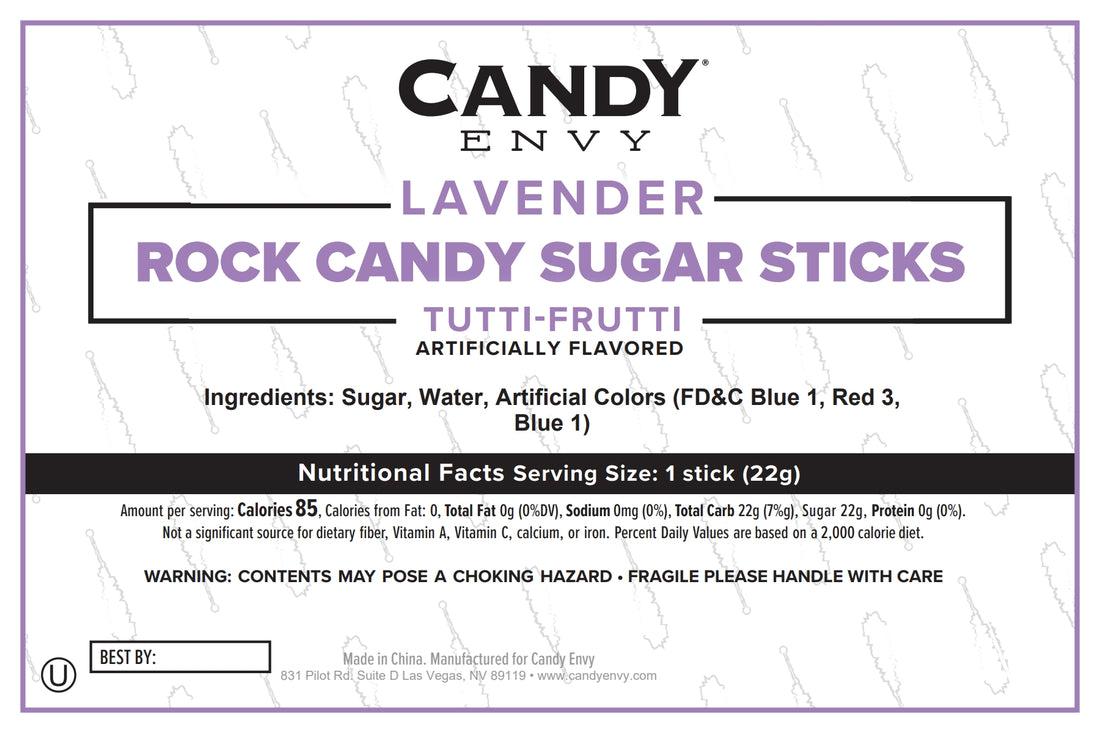 Lavender Rock Candy Sugar Sticks - Tutti Frutti Flavor