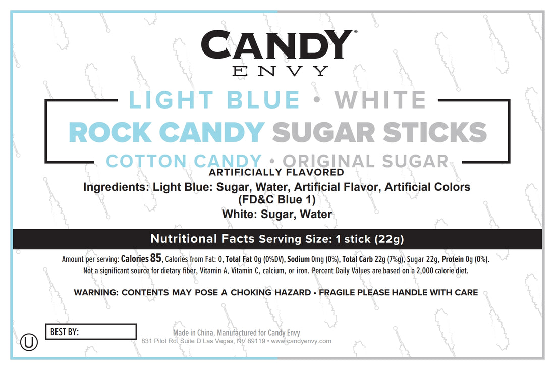 Light Blue & White Rock Candy Sugar Sticks - Cotton Candy and Original Sugar Flavors