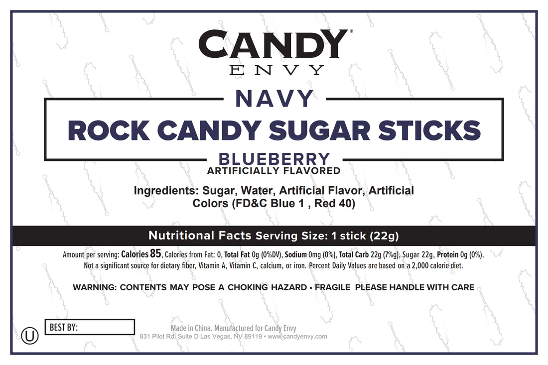 Navy Blue Rock Candy Sugar Sticks - Blueberry Flavor