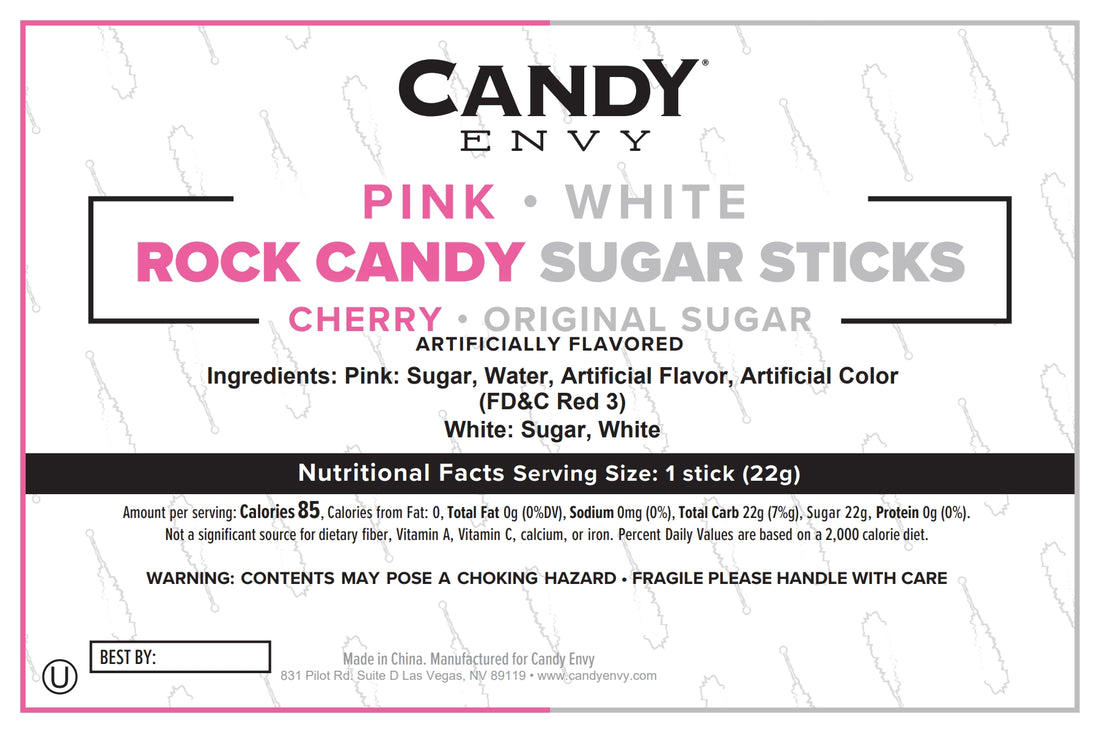 Pink and White Rock Candy Sugar Sticks - Cherry and Original Sugar Flavors