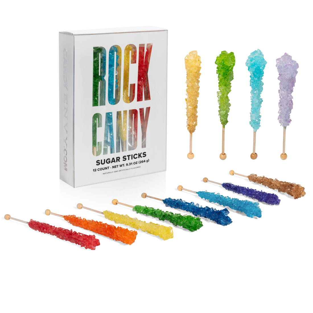 Assorted Rock Candy Front of Box with Rock Candy sticks displayed