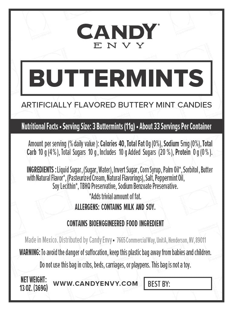 Buttermint Nutritional Label. Serving Size is 3 Buttermints.