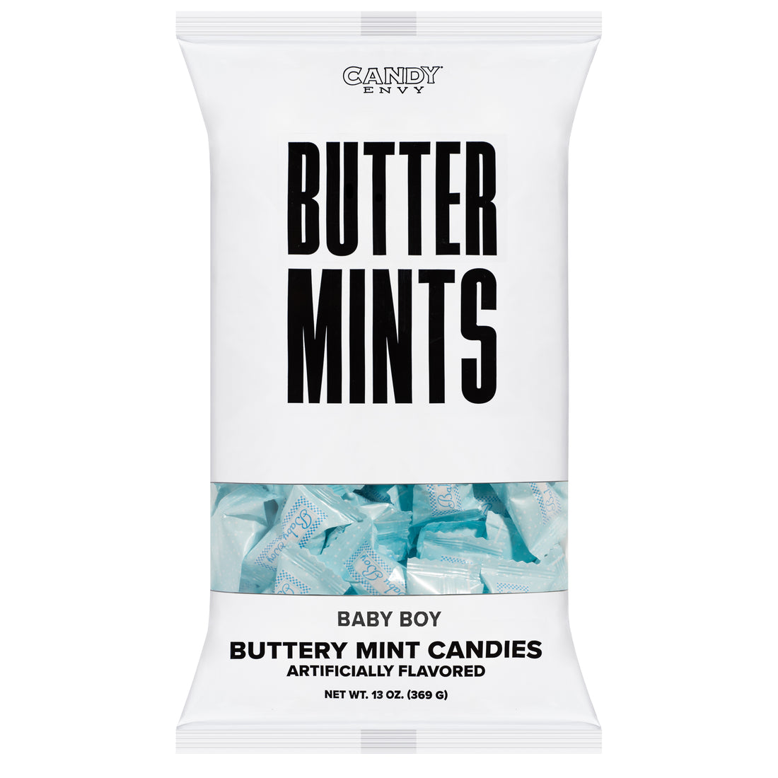 Packaging of Candy Envy Butter Mints with blue candy imagery on a white background