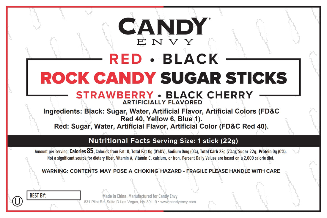 Black and Red Rock Candy Sugar Sticks - Black Cherry and Strawberry Flavored
