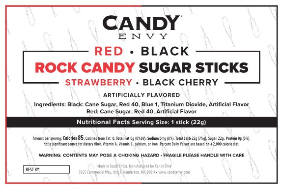 Black and Red Rock Candy Sugar Sticks - Black Cherry and Strawberry Flavored