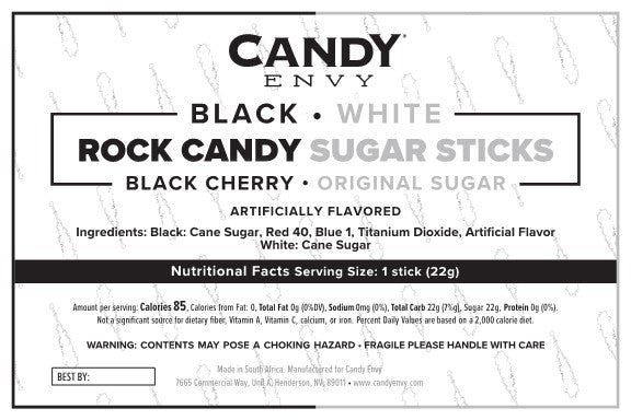 Black & White Rock Candy Sugar Sticks - Black Cherry and Original Sugar Flavors