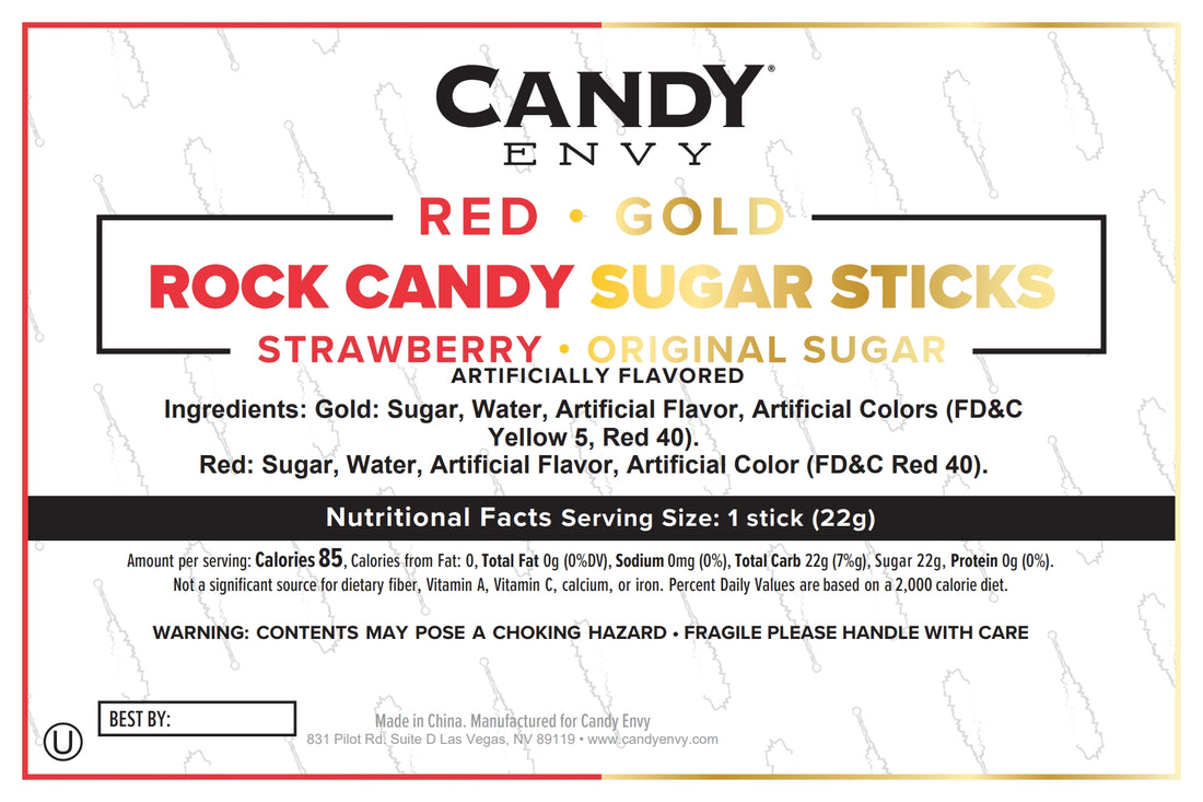 Gold and Red Rock Candy Sugar Sticks - Original Sugar and Strawberry Flavored