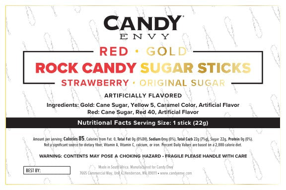 Gold and Red Rock Candy Sugar Sticks - Original Sugar and Strawberry Flavored