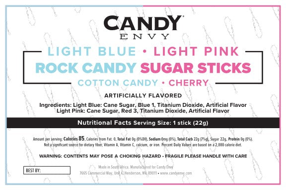 Light Blue & Light Pink Rock Candy Sugar Sticks - Cotton Candy and Cherry Flavors