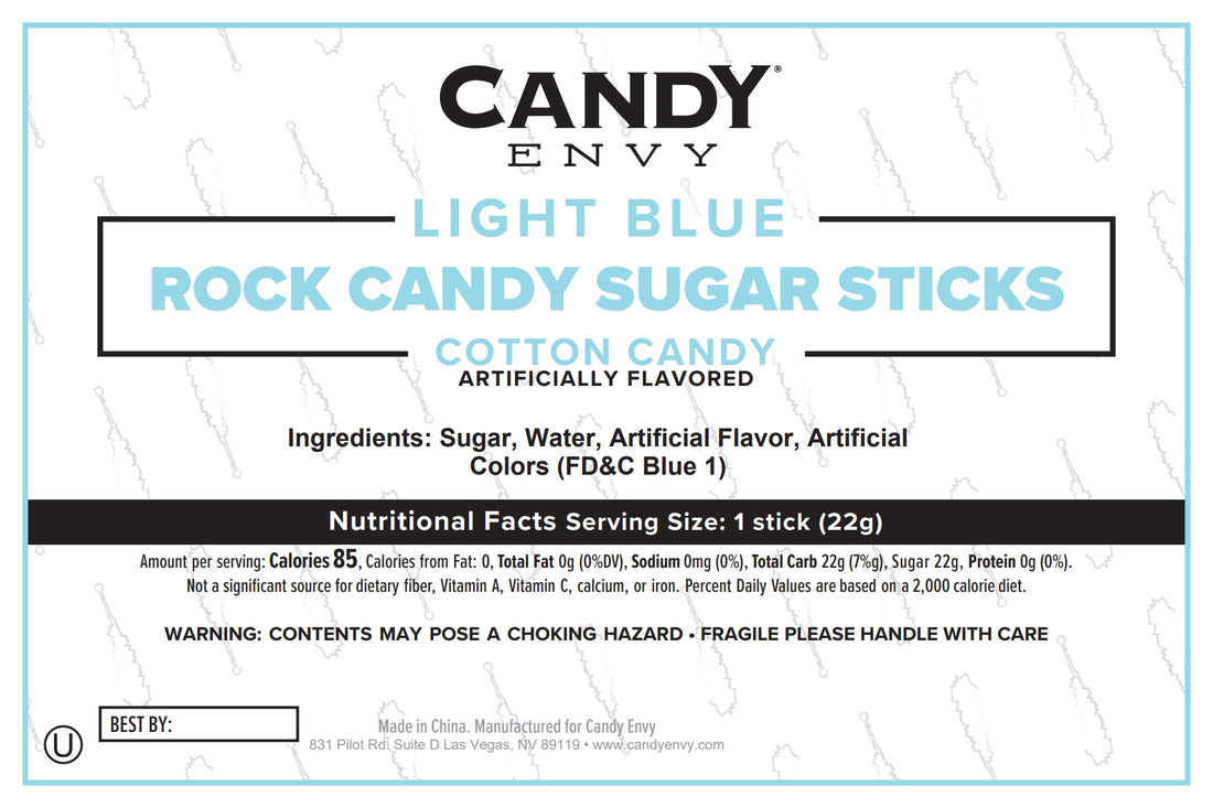 Light Blue Rock Candy Sugar Sticks - Cotton Candy Flavor