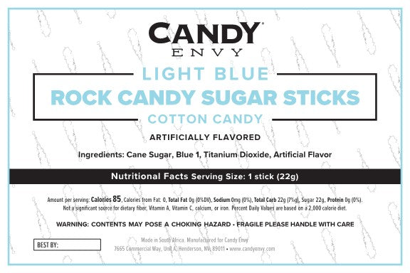 Light Blue Rock Candy Sugar Sticks - Cotton Candy Flavor