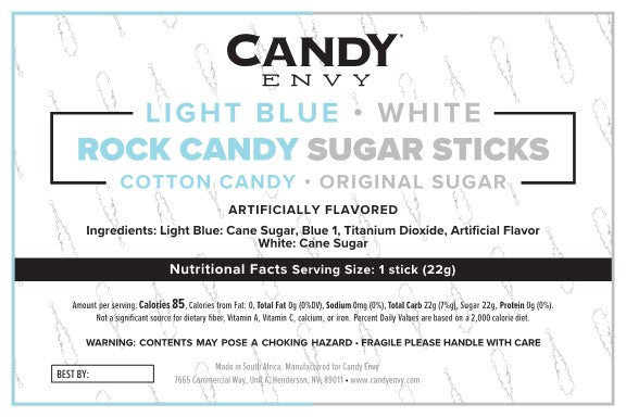 Light Blue & White Rock Candy Sugar Sticks - Cotton Candy and Original Sugar Flavors