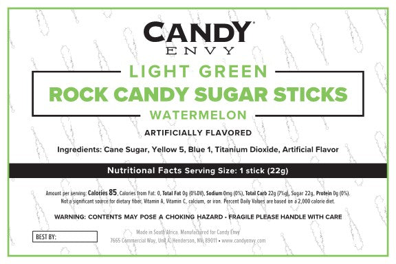 Light Green Rock Candy Sugar Sticks - Watermelon Flavor