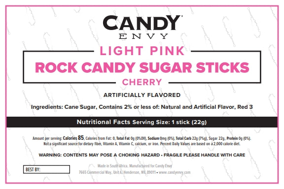 Light Pink Rock Candy Sugar Sticks - Cherry Flavor