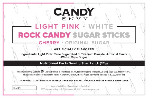 Light Pink and White Rock Candy Sugar Sticks - Cherry and Original Sugar Flavors