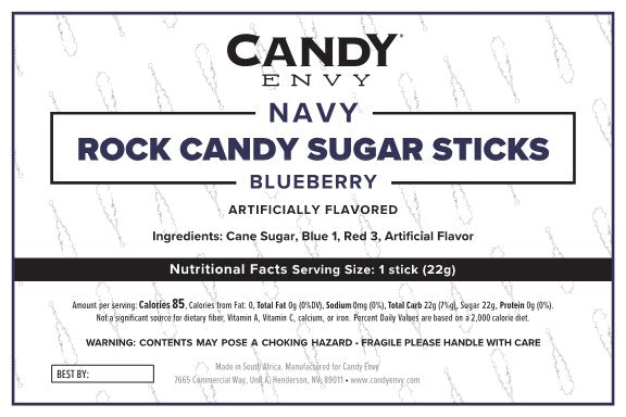 Navy Blue Rock Candy Sugar Sticks - Blueberry Flavor