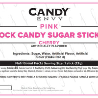 Pink Rock Candy Nutrition Label. Pink, Cherry (Artificially Flavored), Ingredients (Sugar, Water, Artificial Flavor, Artificial Color FD&C Red 3), Serving Size: 1 Stick (22g), Made in China.