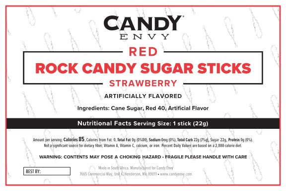 Red Rock Candy Sugar Sticks - Strawberry Flavor