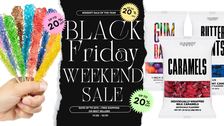 Black Friday sale advertisement with colorful candy sticks and caramel packages.