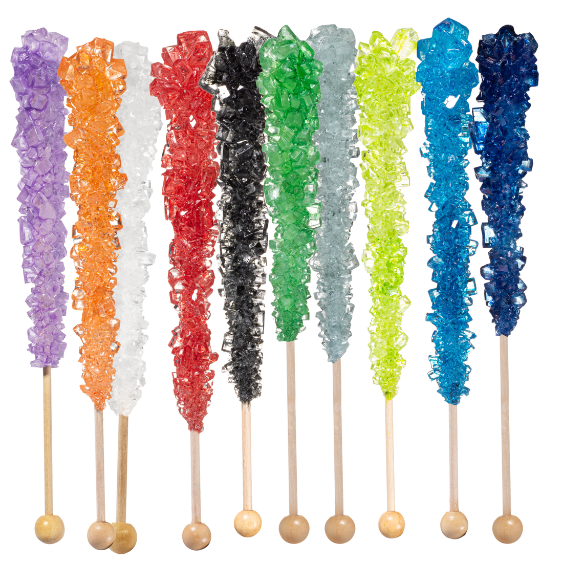 Colorful rock candy sticks on wooden sticks against a white background