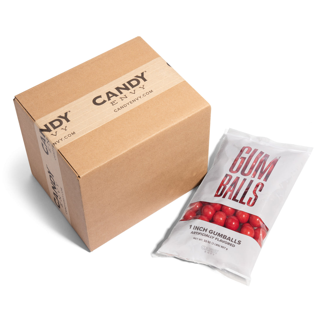 A package of red 1 inch round gumballs labeled 'GUMBALLS' with visible gumballs through a transparent window.