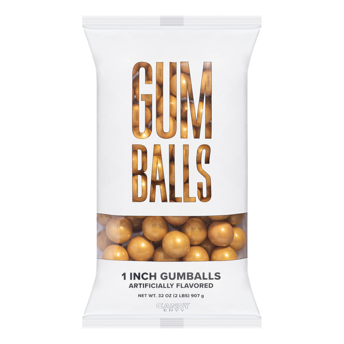 A clear plastic bag displaying large shimmer gold gumballs with the word 'GUM BALLS' written in bold letters on the packaging.