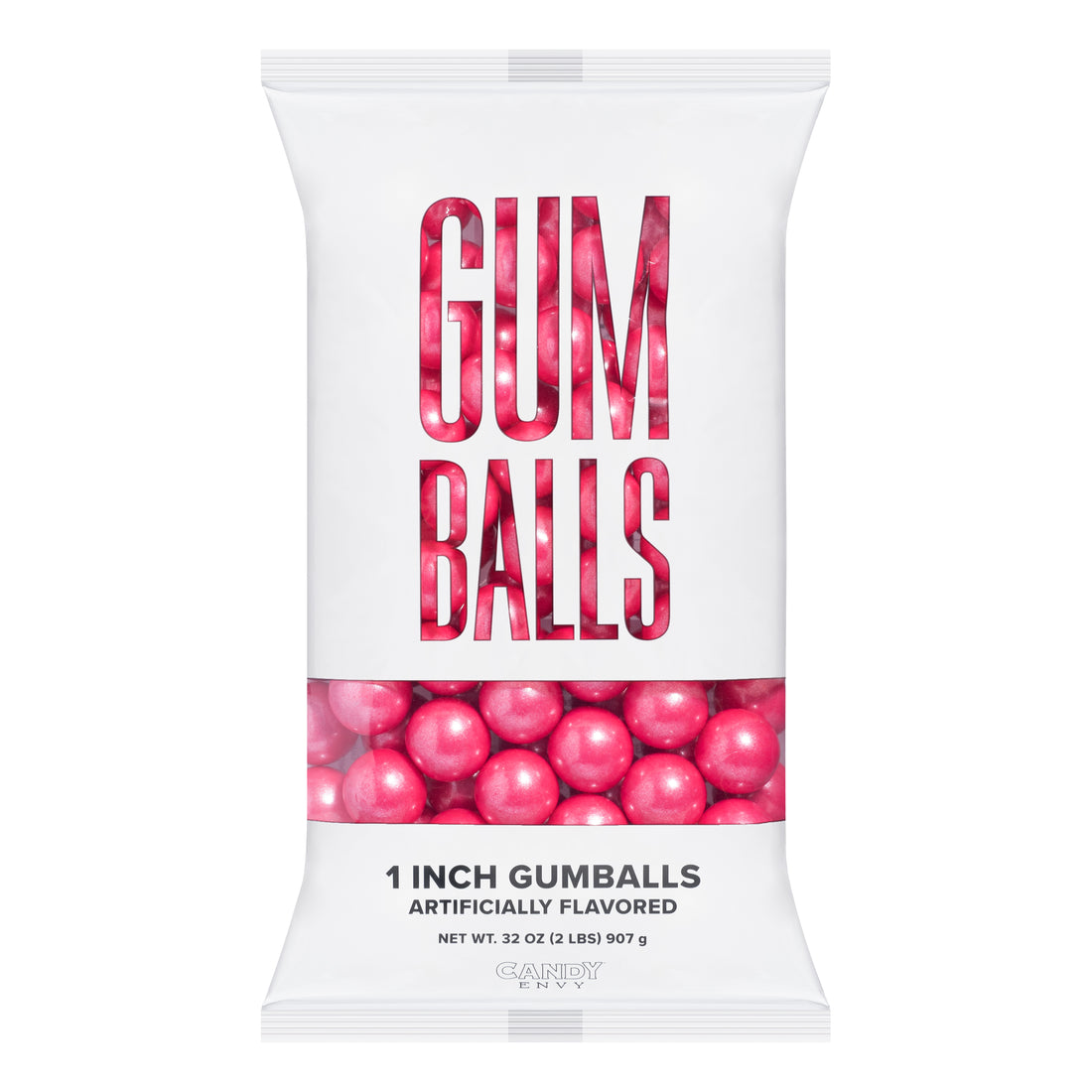 A bag of shimmer pink 1 inch round gumballs with 'GUMBALLS' text displayed prominently on the packaging.