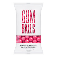 A bag of shimmer pink 1 inch round gumballs with 'GUMBALLS' text displayed prominently on the packaging.