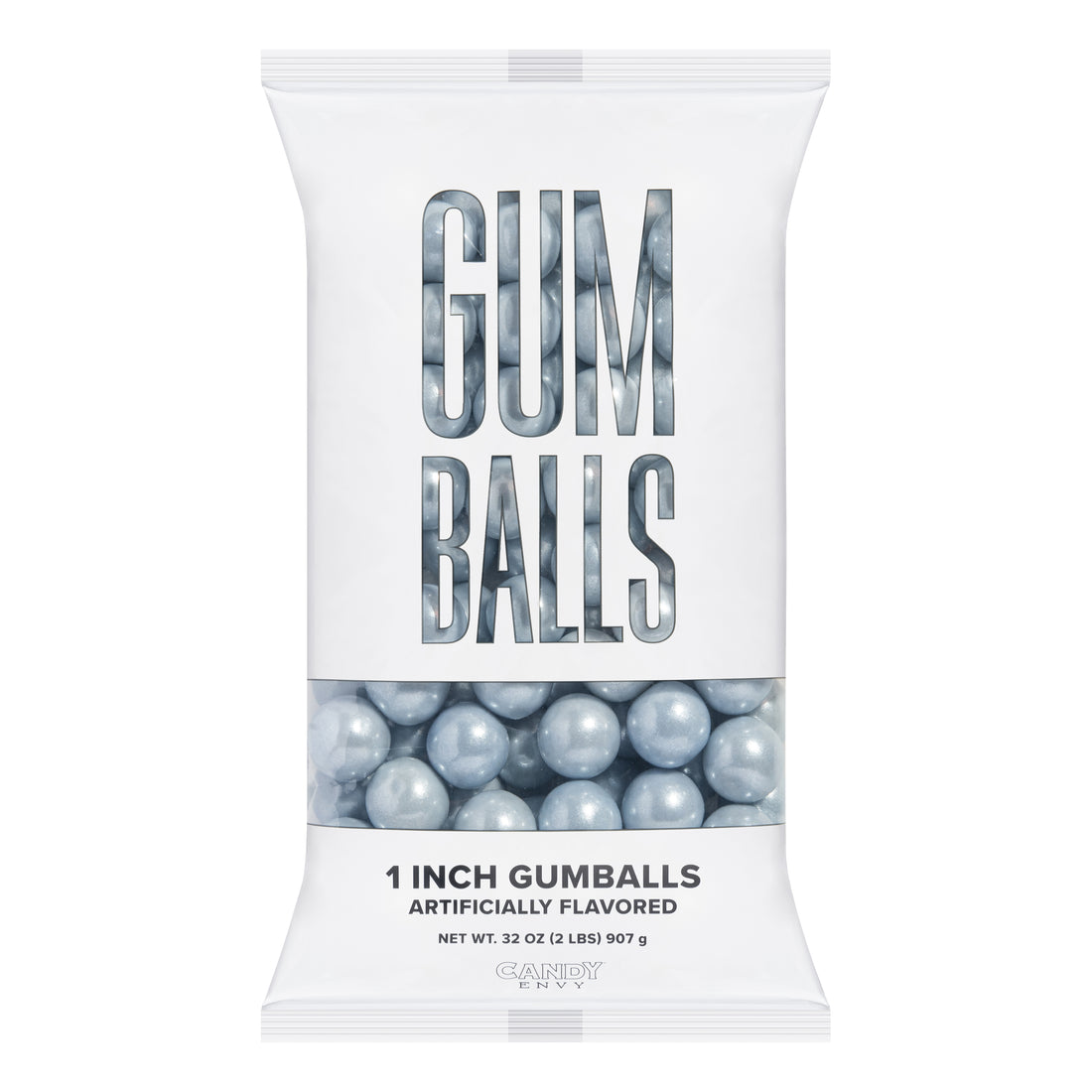 A package of large shimmer silver gumballs displayed in a clear window, with the gumballs visible through the transparent packaging.