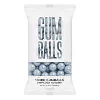 A package of large shimmer silver gumballs displayed in a clear window, with the gumballs visible through the transparent packaging.