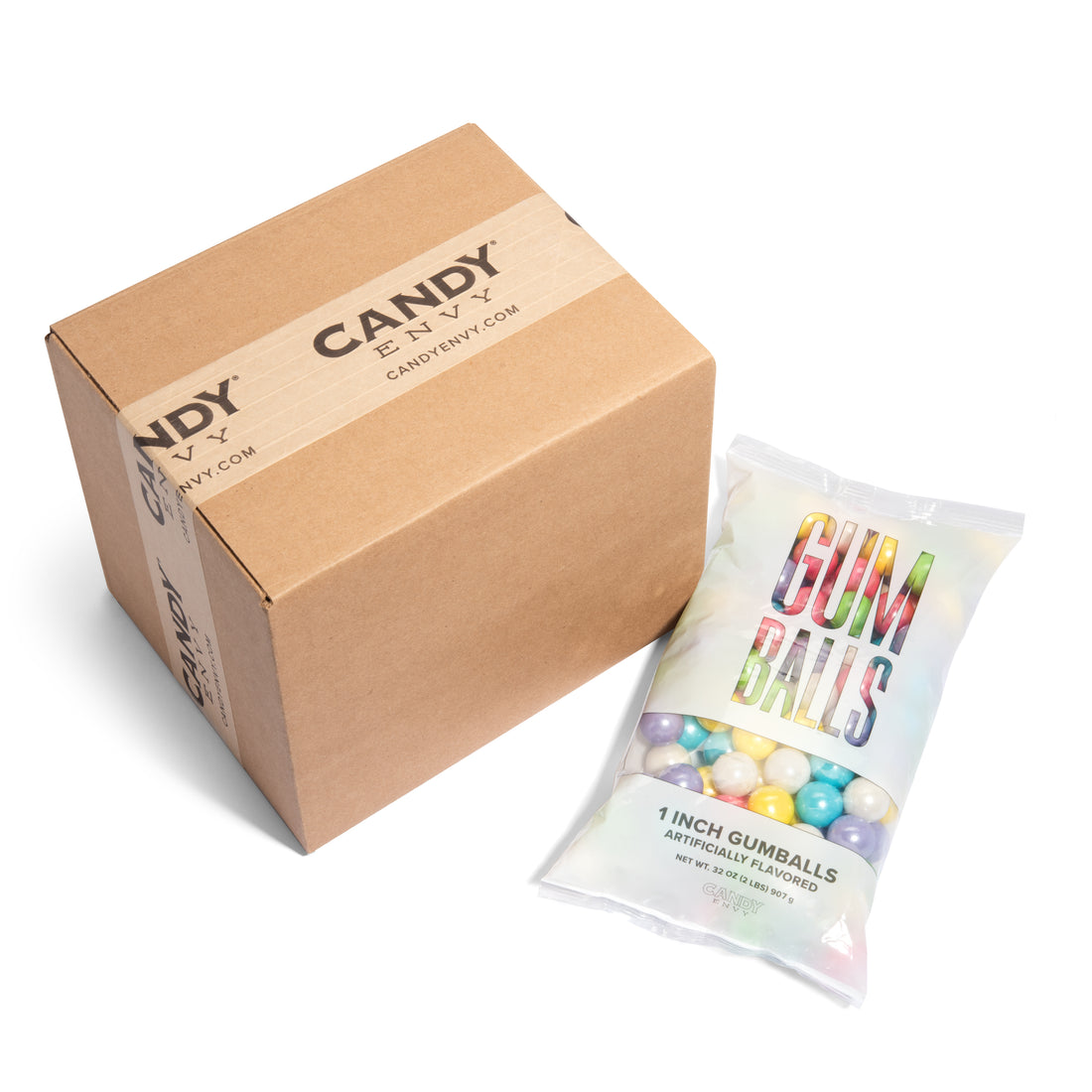 A bag of shimmer spring 1 inch round gumballs in assorted colors.